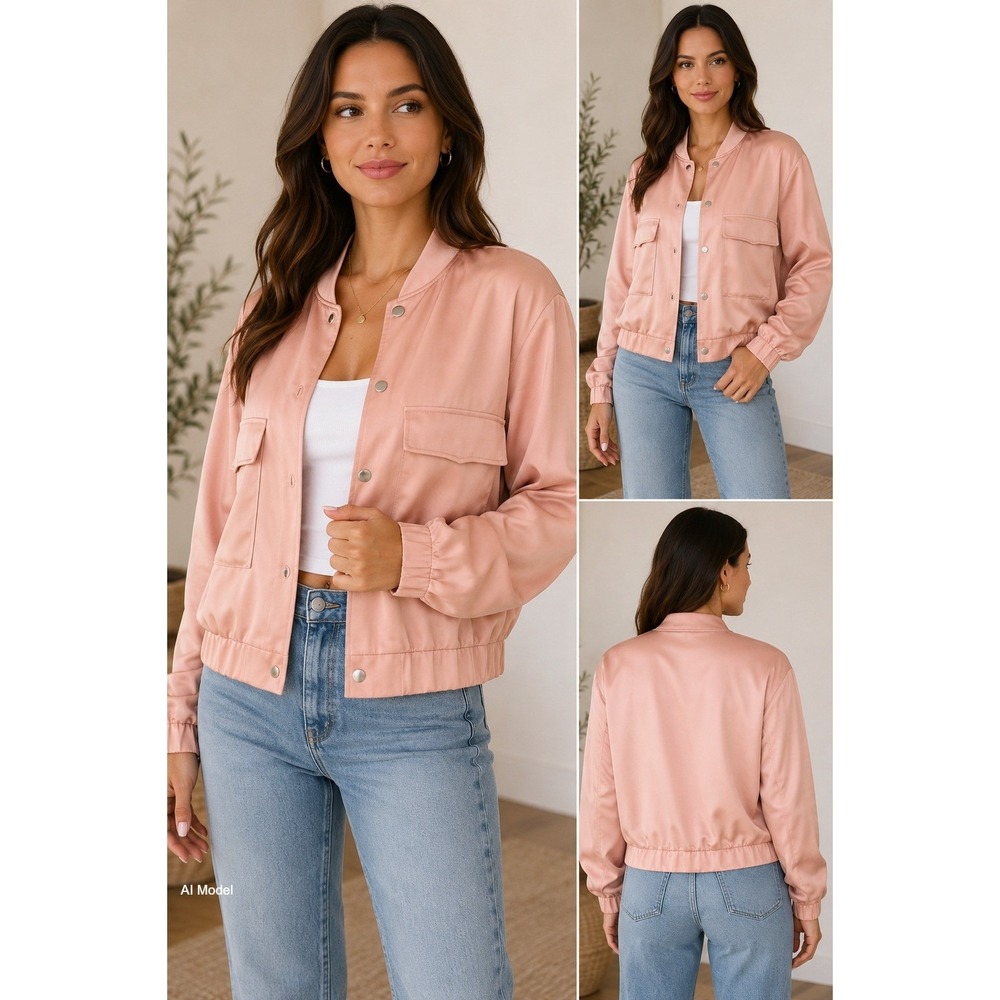 New Pink Satin Bomber Jacket Womens Large Full Snap Cargo Pockets Utility Expres